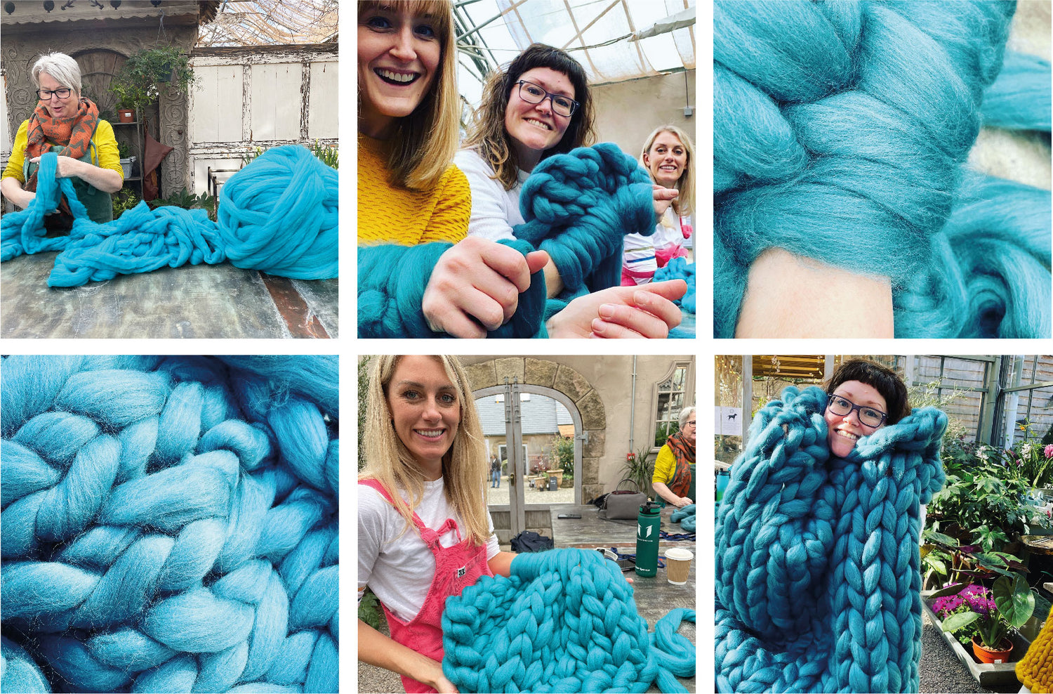 6 photos showing the arm knitting process. Ally unravelling a giant ball of wool, Fi and Becs with the wool on their arms, Danit Hope holding up her nearly finished blanket, and Fi woodhead happily showing her finished chunky knit blanket