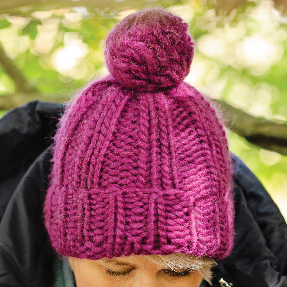 Chunky Knit Merino Wool Bobble Hat - Damson
