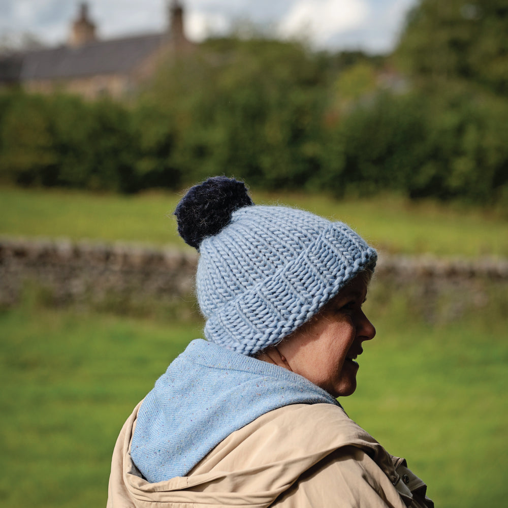 Chunky Knit Merino Wool Bobble Hat - Dream Blue & Navy