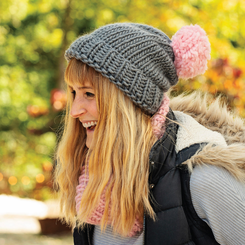 Chunky Knit Merino Wool Bobble Hat - Granite & Candy Floss