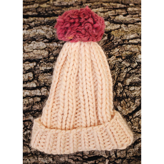 Kids Chunky Knit Merino Wool Bobble Hat -  Eggshell & Mulberry