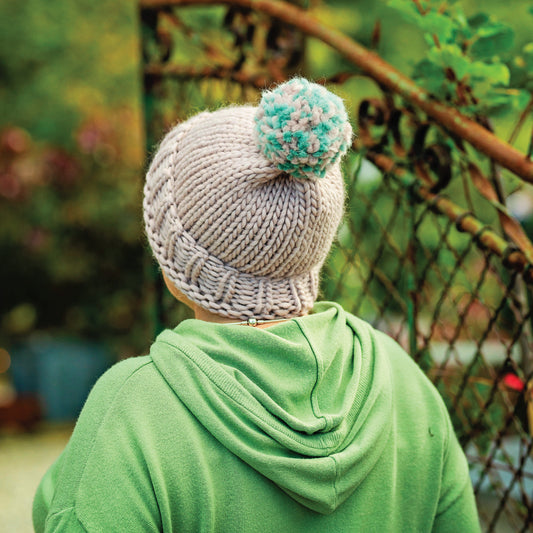 Chunky Knit Merino Wool Bobble Hat - Mink & Mink/Teal