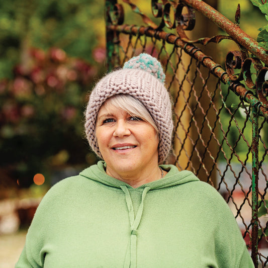 Chunky Knit Merino Wool Bobble Hat - Mink & Mink/Teal