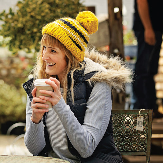 Chunky Knit Merino Wool Bobble Hat - Mustard Stripe