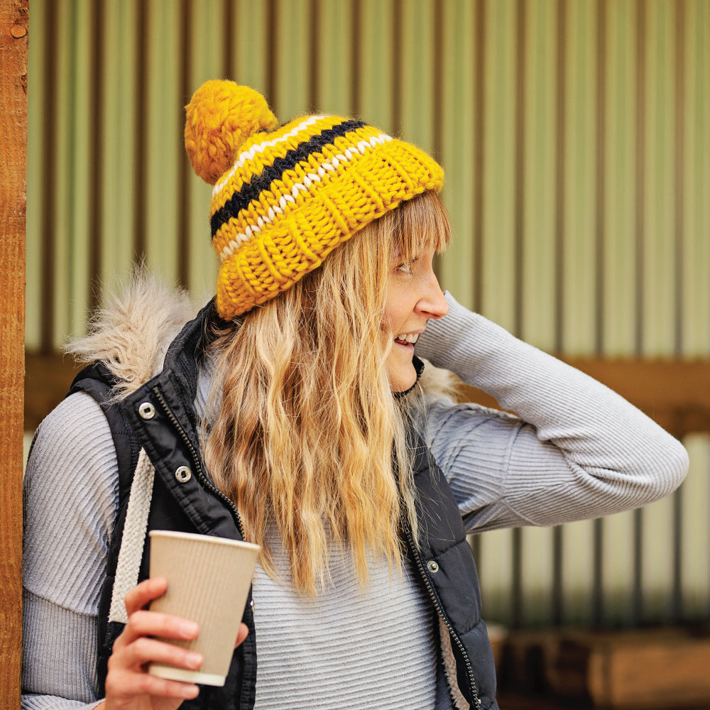 Chunky Knit Merino Wool Bobble Hat - Mustard Stripe