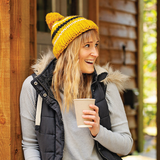 Chunky Knit Merino Wool Bobble Hat - Mustard Stripe