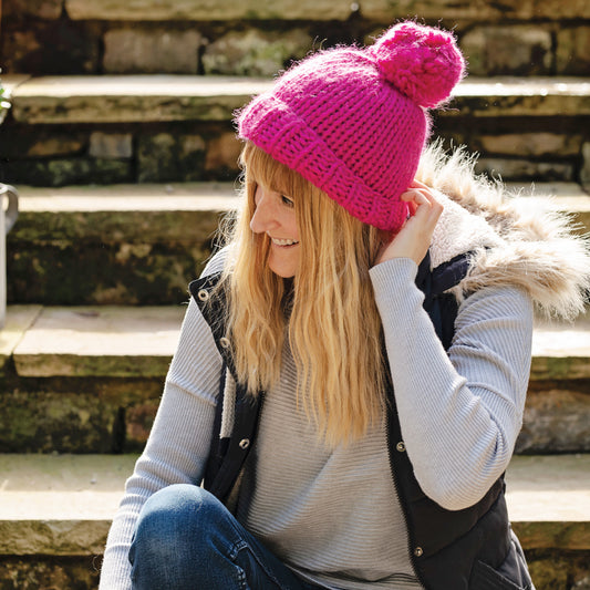 Chunky Knit Merino Wool Bobble Hat - Raspberry