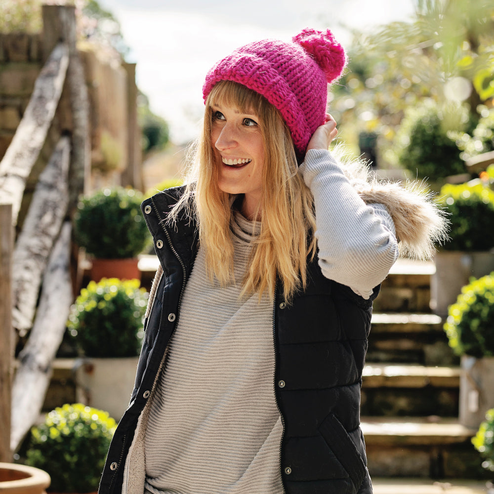 Chunky Knit Merino Wool Bobble Hat - Raspberry