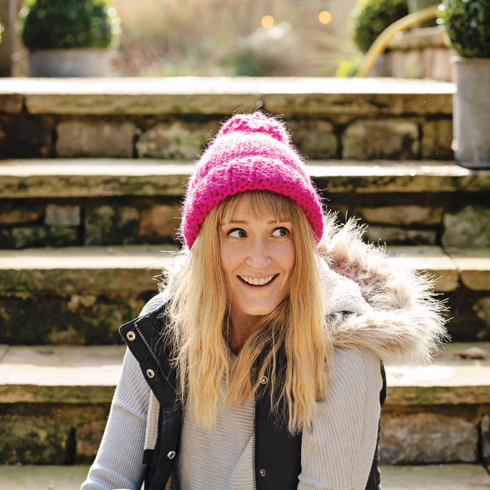Chunky Knit Merino Wool Bobble Hat - Raspberry