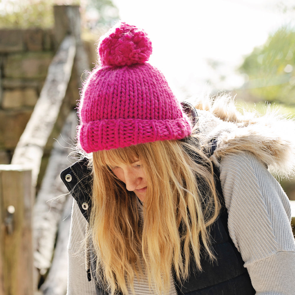 Chunky Knit Merino Wool Bobble Hat - Raspberry