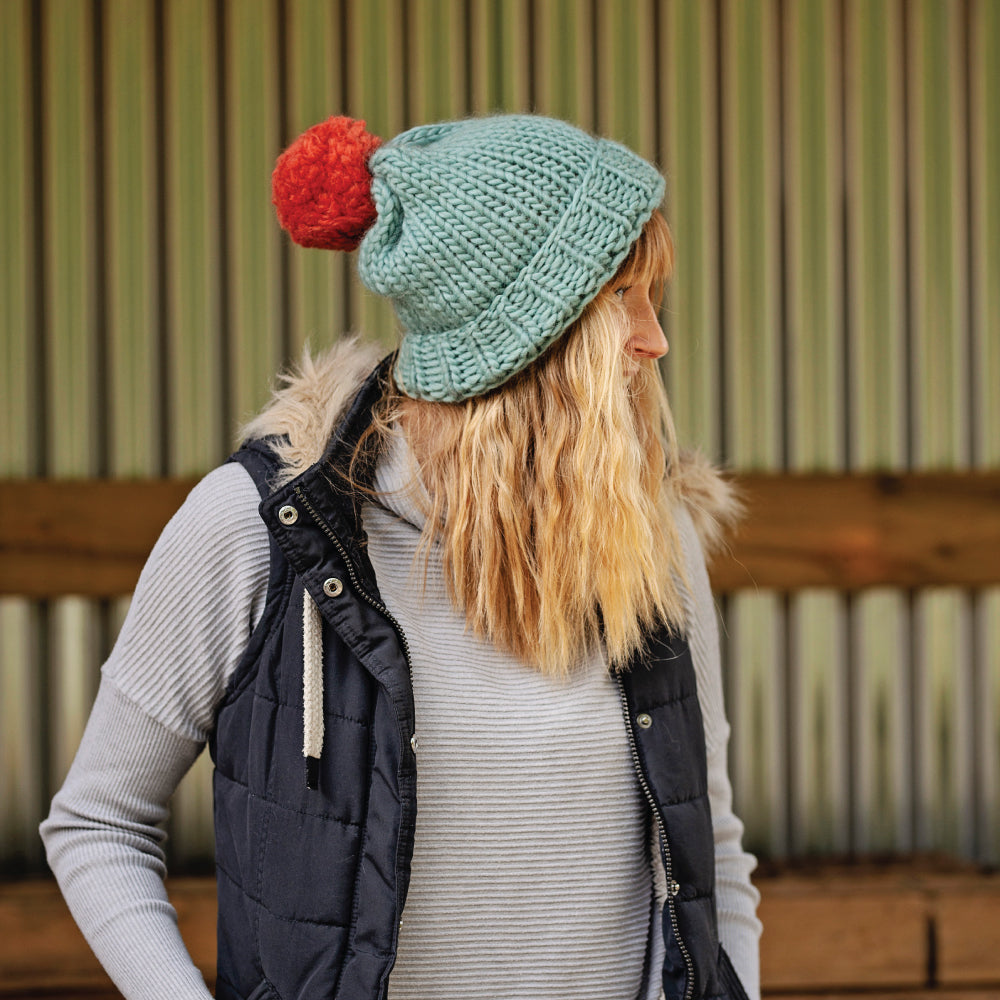 Chunky Knit Merino Wool Bobble Hat - Teal & Cinnamon