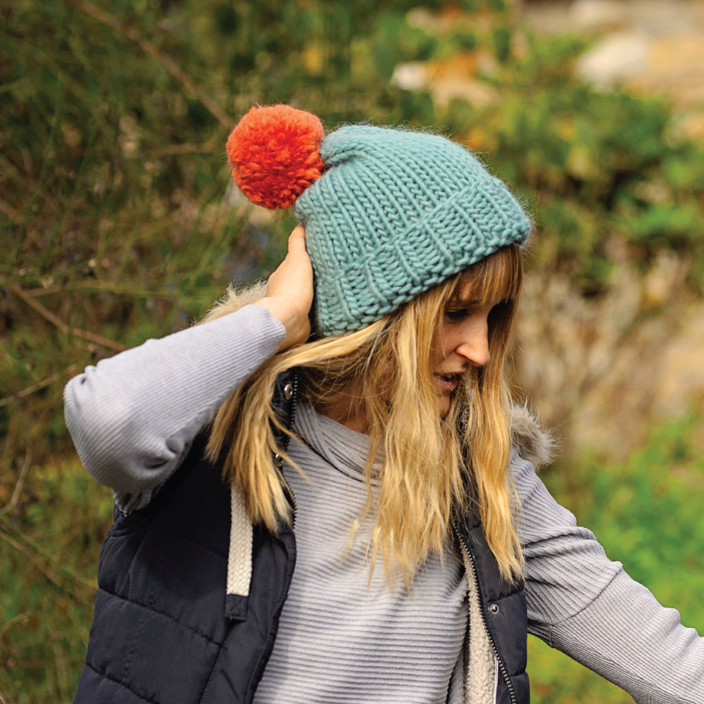 Chunky Knit Merino Wool Bobble Hat - Teal & Cinnamon