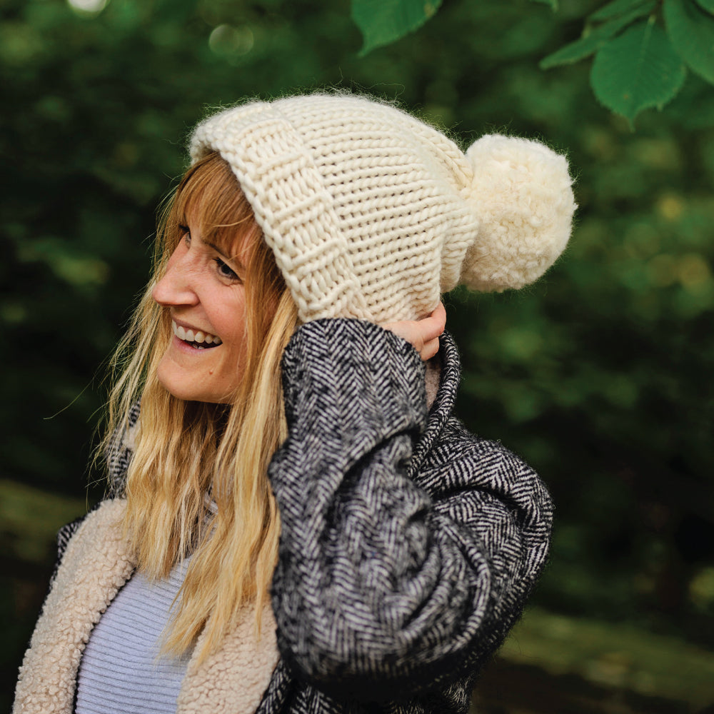 Chunky Knit Merino Wool Bobble Hat - Natural White