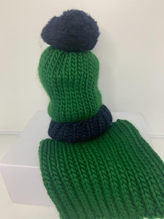 Chunky Knit Merino Wool Bobble Hat - Emerald & Navy
