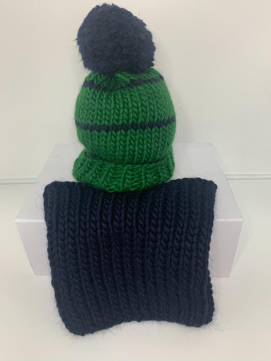 Chunky Knit Merino Wool Bobble Hat - Emerald & Navy Stripe