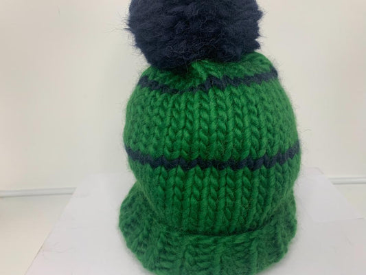 Chunky Knit Merino Wool Bobble Hat - Emerald & Navy Stripe