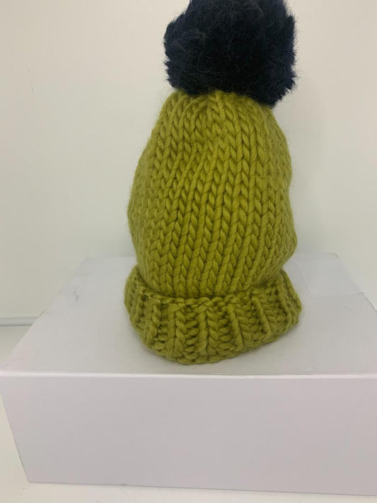 Chunky Knit Merino Wool Bobble Hat - Lichen & Navy