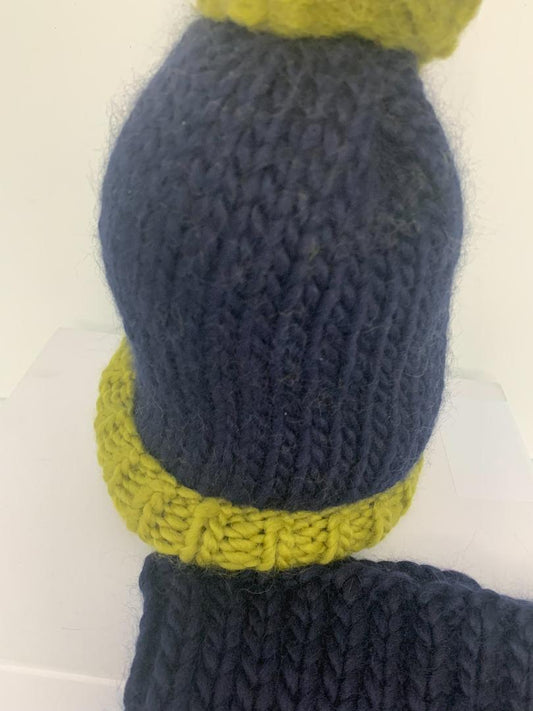 Chunky Knit Merino Wool Bobble Hat - Navy & Lichen