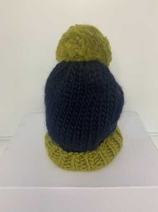 Chunky Knit Merino Wool Bobble Hat - Navy & Lichen