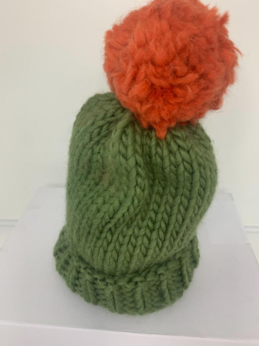 Chunky Knit Merino Wool Bobble Hat - Olive & Cinnamon