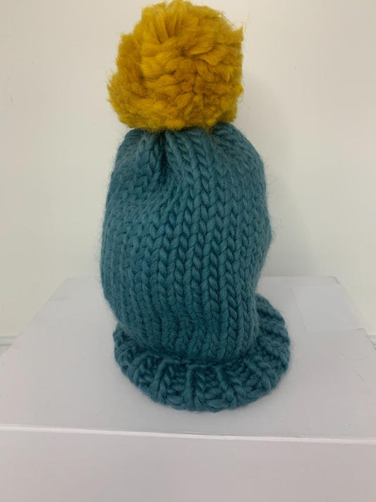 Chunky Knit Merino Wool Bobble Hat - Teal & Mustard Bobble