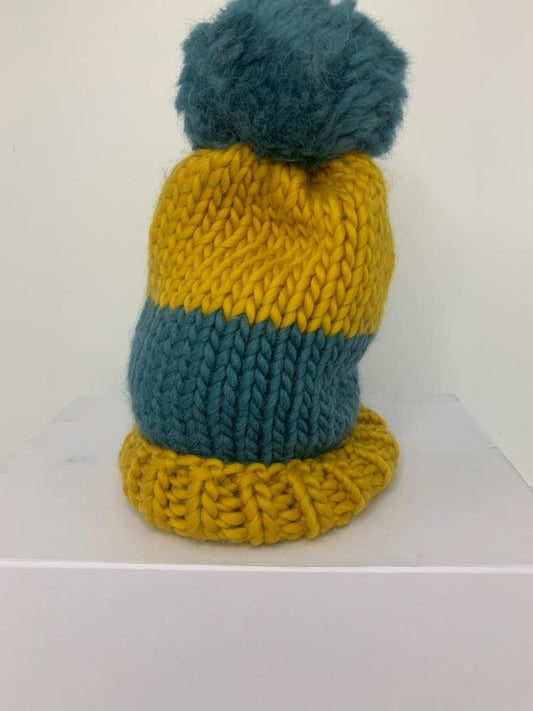Chunky Knit Merino Wool Bobble Hat - Mustard & Teal
