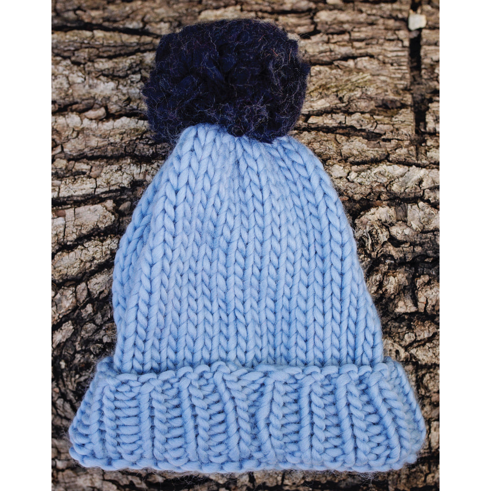 Chunky Knit Merino Wool Bobble Hat - Dream Blue & Navy