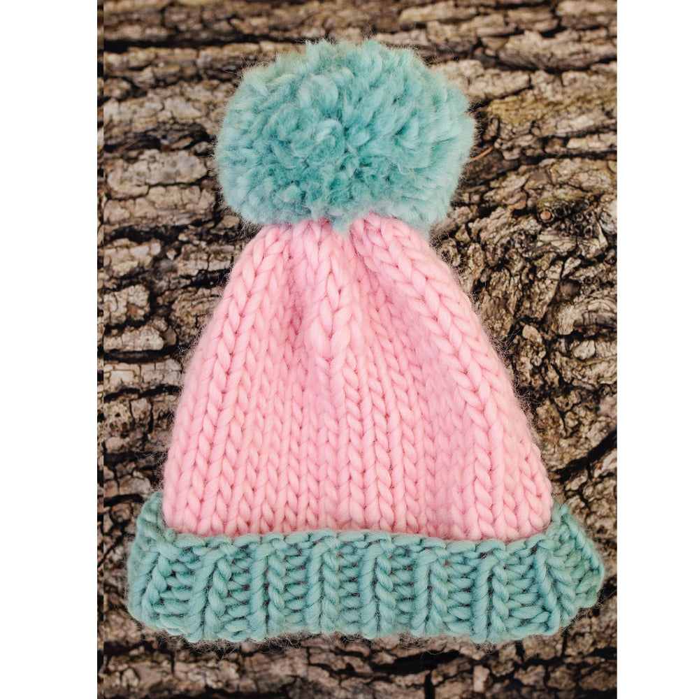 Kids Chunky Knit Merino Wool Bobble Hat - Candy Floss & Teal