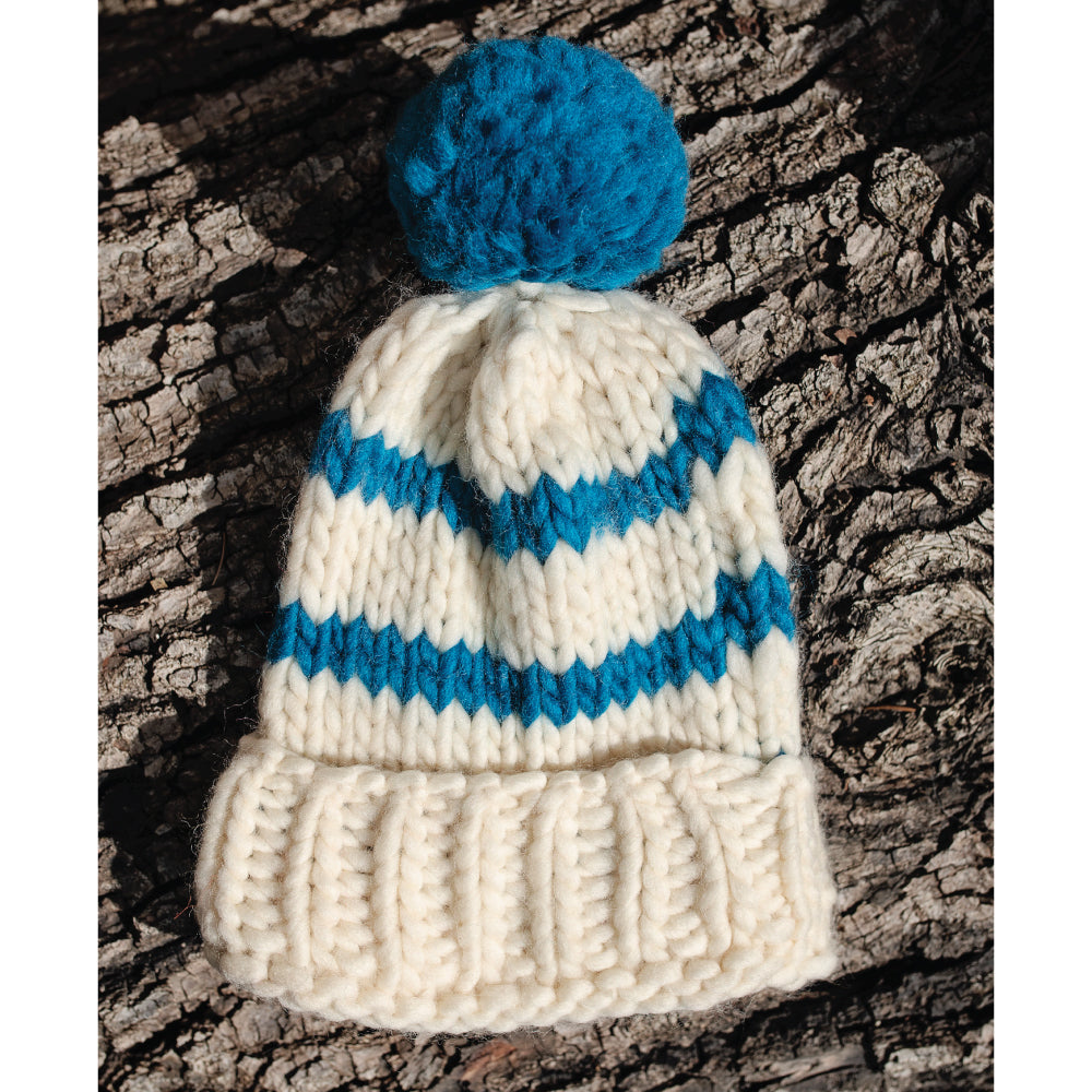 Kids Chunky Knit Merino Wool Bobble Hat - Natural & Aquamarine