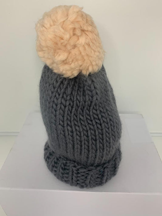 Chunky Knit Merino Wool Bobble Hat - Granite & Apricot Bobble