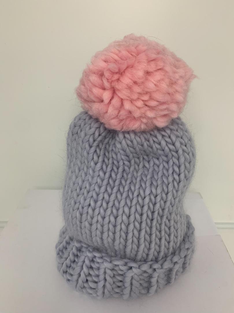 Chunky Knit Merino Wool Bobble Hat - Seal Grey & Candy Floss Bobble