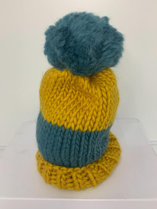 Chunky Knit Merino Wool Bobble Hat - Mustard & Teal